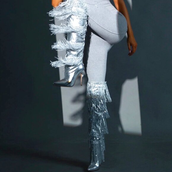Callie Chrome: Sequin Fringe Silver Stiletto Azalea Wang Boots 9 8 - Picture 2 of 11